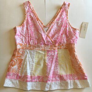 New Pink White Tank Top PL Floral Orange Yellow Eyelet Lace Patchwork Tropical